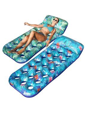 Inflatable Pool Floats Adult 2 Pack XL Pool Raft Lounger Headrest Tropical Leaf